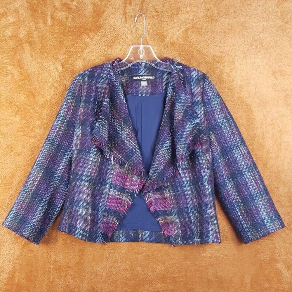KARL LAGERFELD Womens Jacket XS Blue Tweed Open Fringe Plaid Draped Check Woven